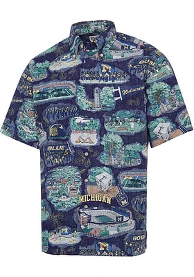 Reyn Spooner Michigan Wolverines Mens Blue Scenic Short Sleeve Dress Shirt