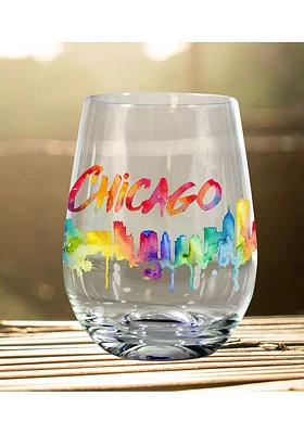Chicago Watercolor Drip Stemless Wine Glass - White