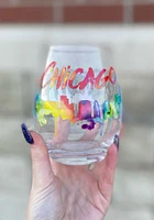 Chicago Watercolor Drip Stemless Wine Glass - White