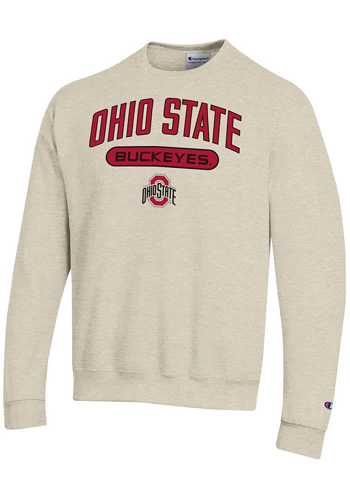 Champion Ohio State Buckeyes Mens Oatmeal Powerblend Long Sleeve Crew Sweatshirt