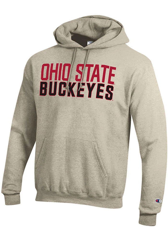 Champion Ohio State Buckeyes Mens Oatmeal Powerblend Long Sleeve Hoodie