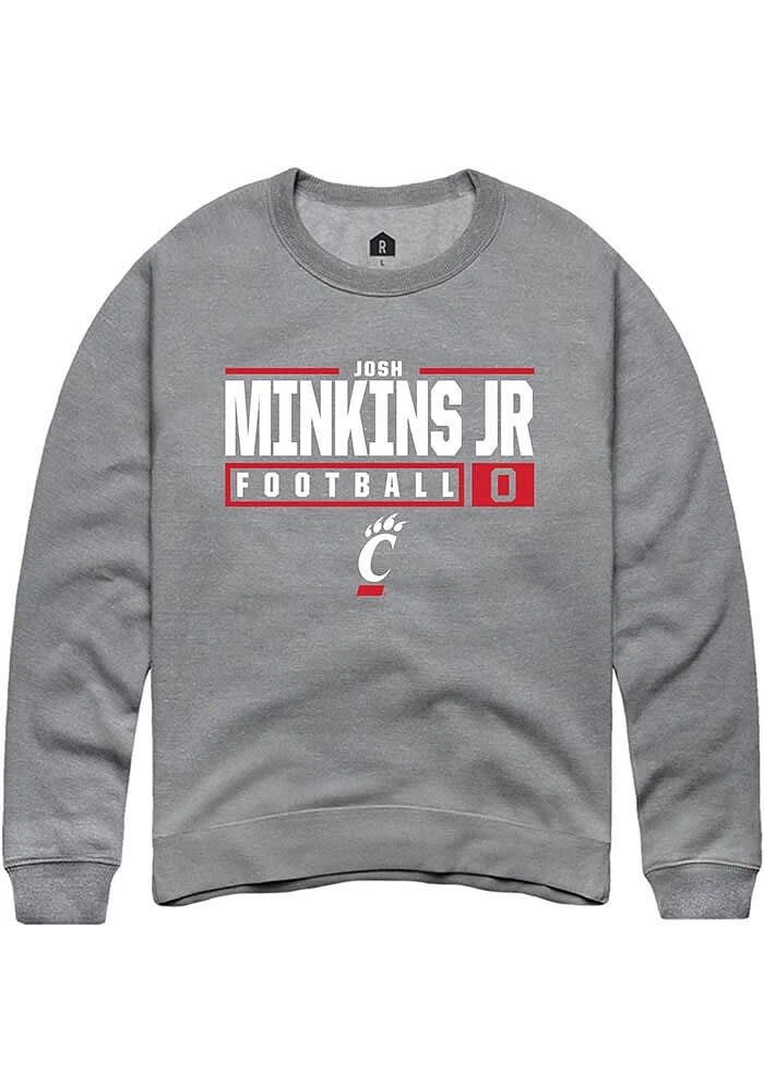 Josh Minkins Jr  Rally Cincinnati Bearcats Mens Graphite NIL Stacked Box Long Sleeve Crew Sweatshi..