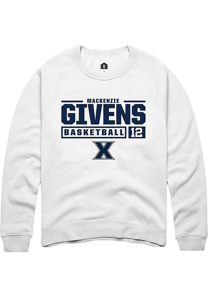 MacKenzie Givens Rally Xavier Musketeers Mens White NIL Stacked Box Long Sleeve Crew Sweatshirt