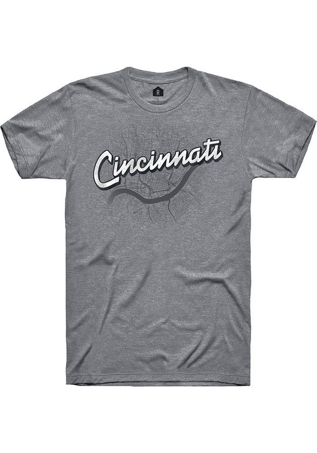 Rally Cincinnati Grey Wordmark Over City Map Short Sleeve Fashion T Shirt