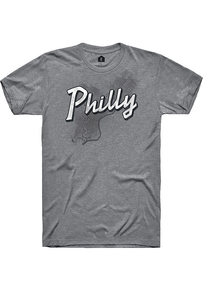 Rally Philadelphia Grey Wordmark Over City Map Short Sleeve Fashion T Shirt