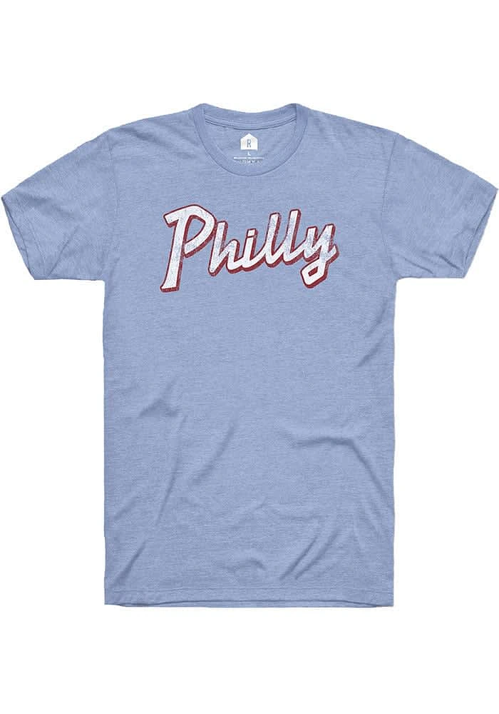 Rally Philadelphia Light Blue Edgy Script Short Sleeve Fashion T Shirt