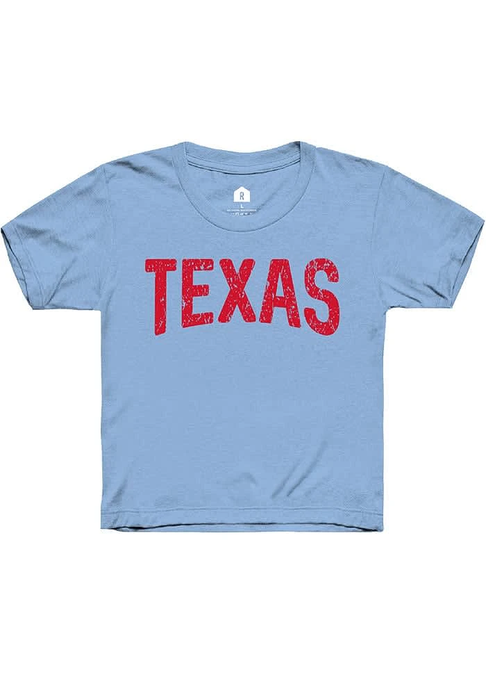 Rally Texas Youth Light Blue Arch Wordmark Short Sleeve T-Shirt