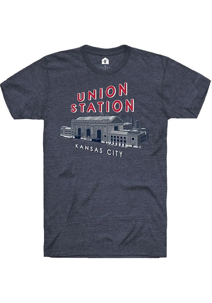 Rally Kansas City Navy Blue Union Station Building Short Sleeve Fashion T Shirt