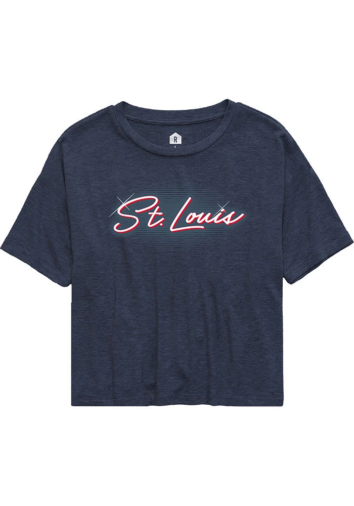 Rally St Louis Womens Navy Blue Bayshore Wordmark Short Sleeve T-Shirt