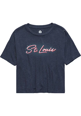 Rally St Louis Womens Navy Blue Bayshore Wordmark Short Sleeve T-Shirt
