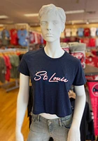 Rally St Louis Womens Navy Blue Bayshore Wordmark Short Sleeve T-Shirt