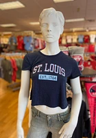 Rally St Louis Womens Navy Blue EST Arch Wordmark Short Sleeve T-Shirt