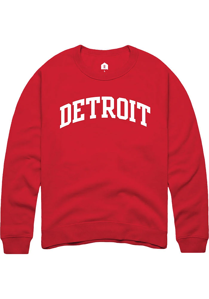 Rally Detroit Mens Red Arch Wordmark Long Sleeve Crew Sweatshirt