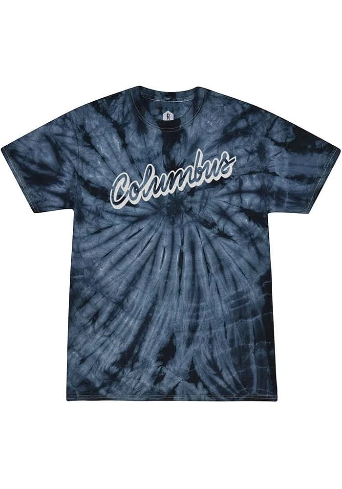 Rally Columbus Navy Blue Tie Dye Script Wordmark Short Sleeve T Shirt