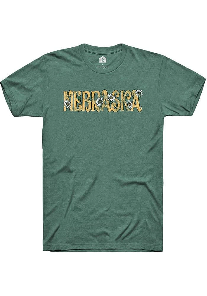 Rally Nebraska Womens Green Floral Wordmark Short Sleeve T-Shirt