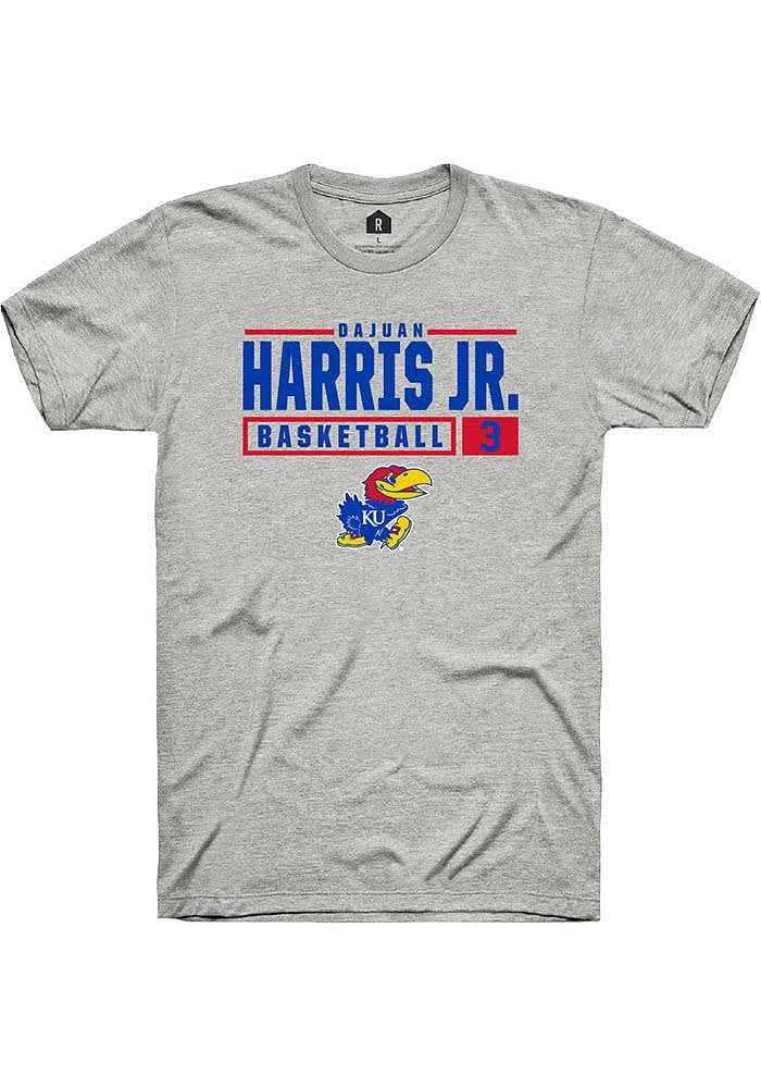 Dajuan Harris Jr Kansas Jayhawks Ash Rally NIL Stacked Box Short Sleeve T Shirt