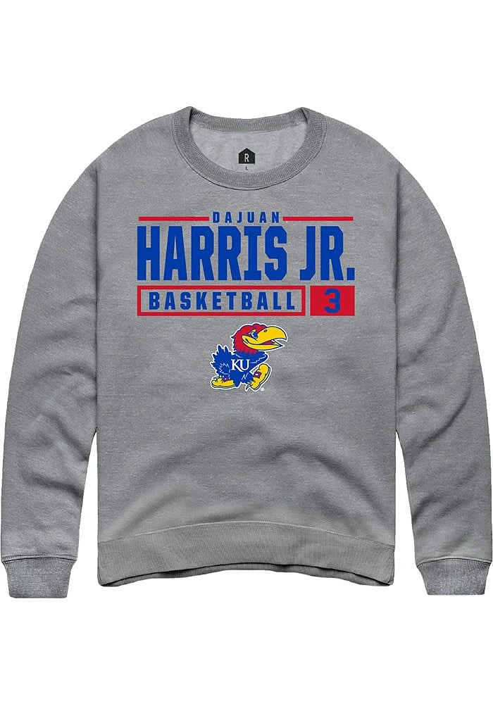 Dajuan Harris Jr Rally Kansas Jayhawks Mens Graphite NIL Stacked Box Long Sleeve Crew Sweatshir..