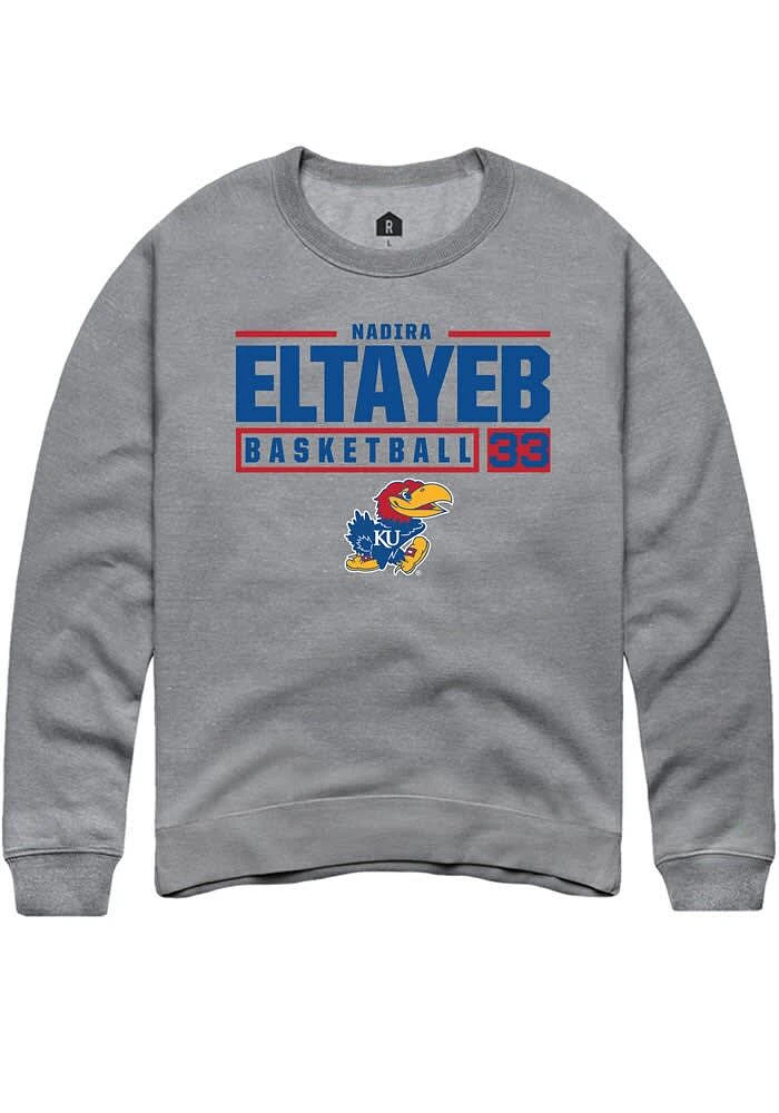 Nadira Eltayeb Rally Kansas Jayhawks Mens Graphite NIL Stacked Box Long Sleeve Crew Sweatshirt