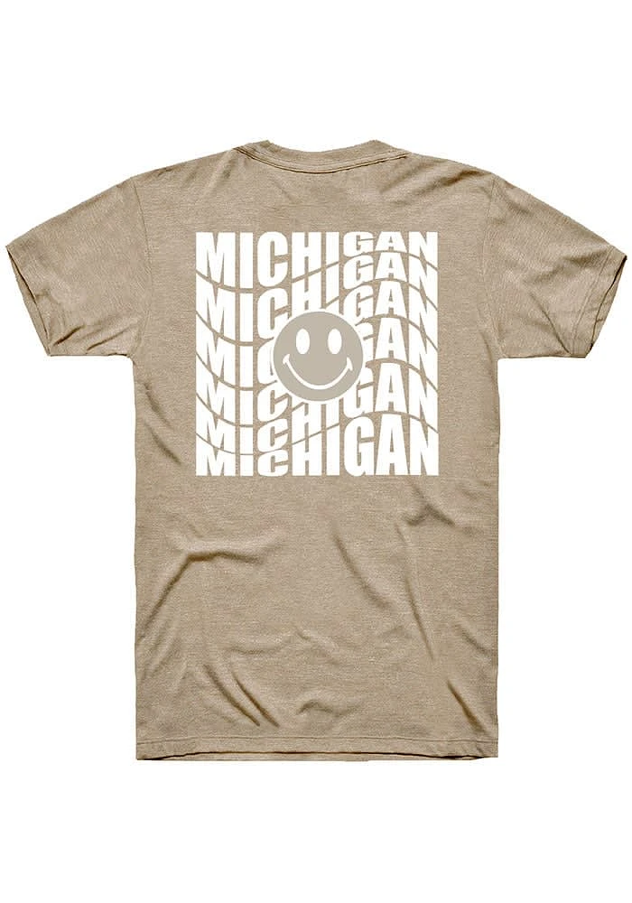 Rally Michigan Tan Repeating Smiley Wordmark Short Sleeve Fashion T Shirt