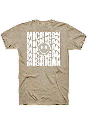 Rally Michigan Tan Repeating Smiley Wordmark Short Sleeve Fashion T Shirt