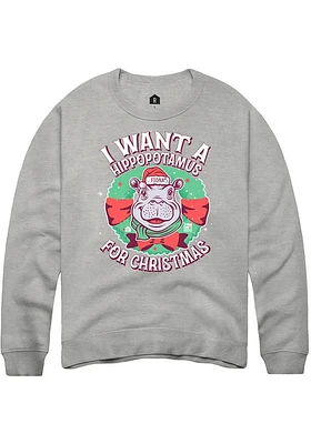 Rally Cincinnati Mens Grey Hippopotamus For Christmas Long Sleeve Crew Sweatshirt