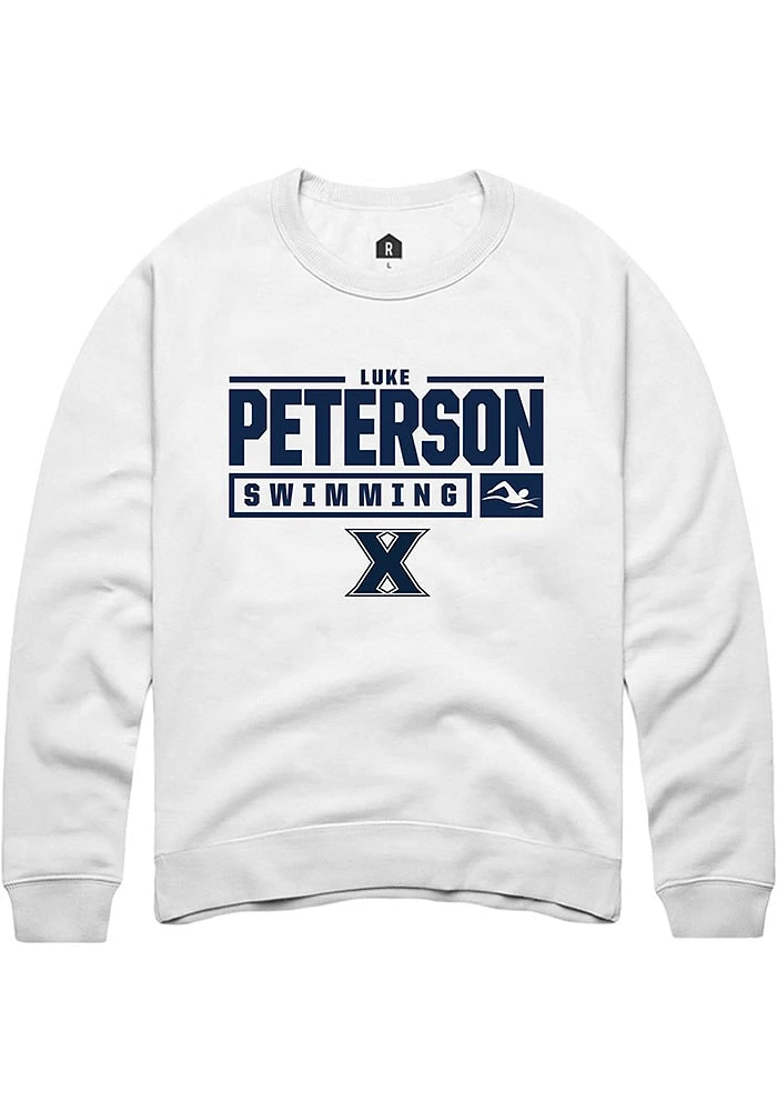 Luke Peterson  Rally Xavier Musketeers Mens White NIL Stacked Box Long Sleeve Crew Sweatshirt