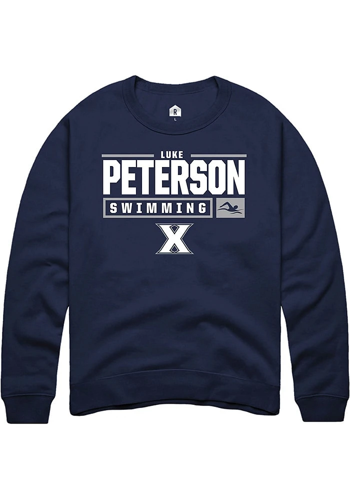 Luke Peterson  Rally Xavier Musketeers Mens Navy Blue NIL Stacked Box Long Sleeve Crew Sweatshir..