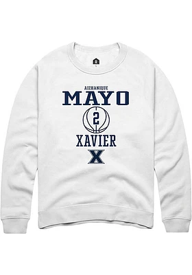 Aizhanique Mayo  Rally Xavier Musketeers Mens White NIL Sport Icon Long Sleeve Crew Sweatshirt