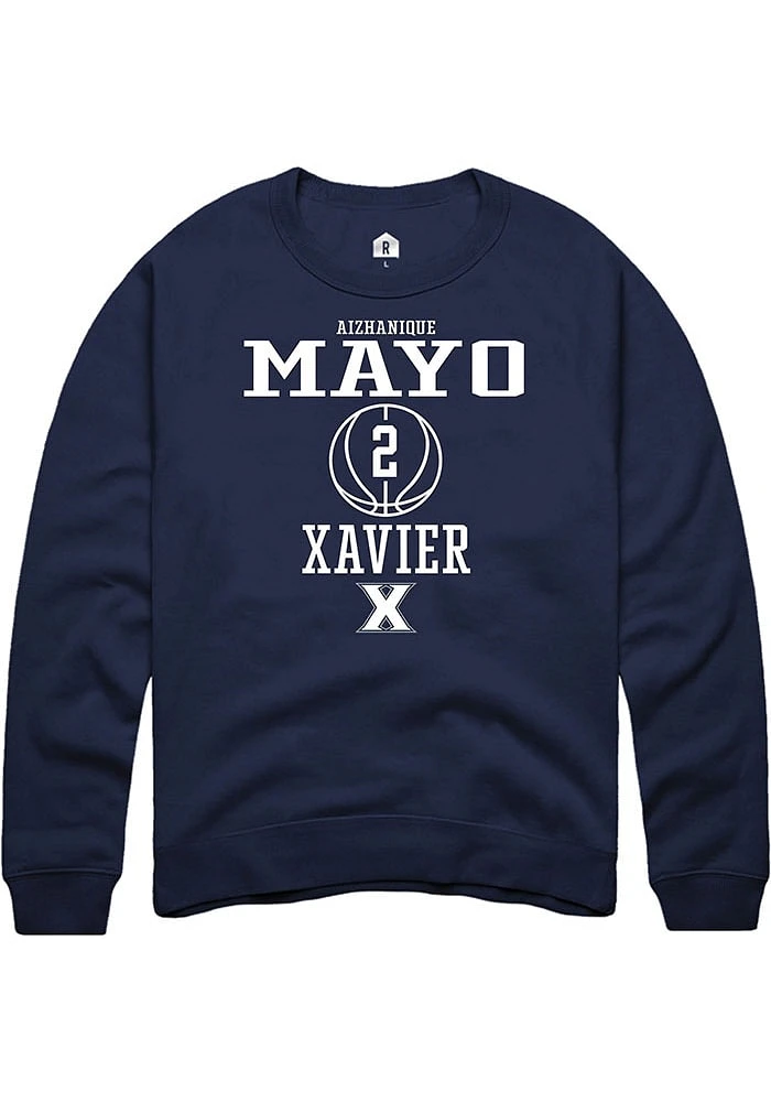 Aizhanique Mayo  Rally Xavier Musketeers Mens Navy Blue NIL Sport Icon Long Sleeve Crew Sweatshi..