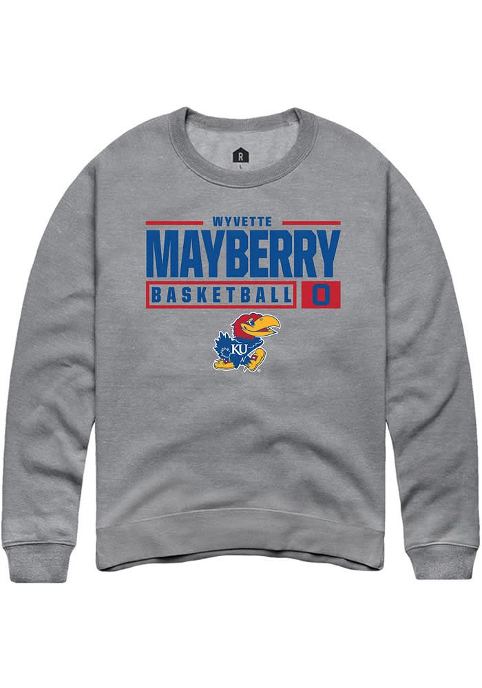 Wyvette Mayberry Rally Kansas Jayhawks Mens Graphite NIL Stacked Box Long Sleeve Crew Sweatshir..