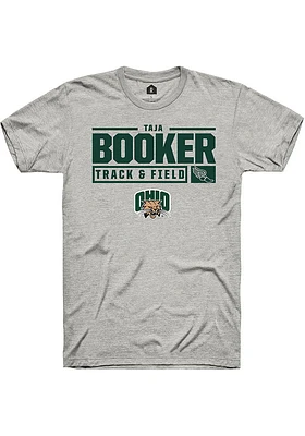 Taja Booker  Ohio Bobcats Ash Rally NIL Stacked Box Short Sleeve T Shirt