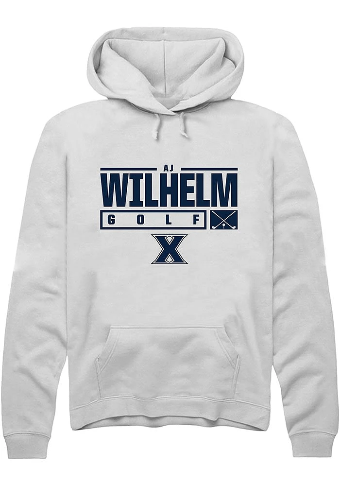 AJ Wilhelm  Rally Xavier Musketeers Mens White NIL Stacked Box Long Sleeve Hoodie