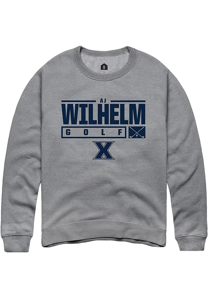 AJ Wilhelm  Rally Xavier Musketeers Mens Graphite NIL Stacked Box Long Sleeve Crew Sweatshirt