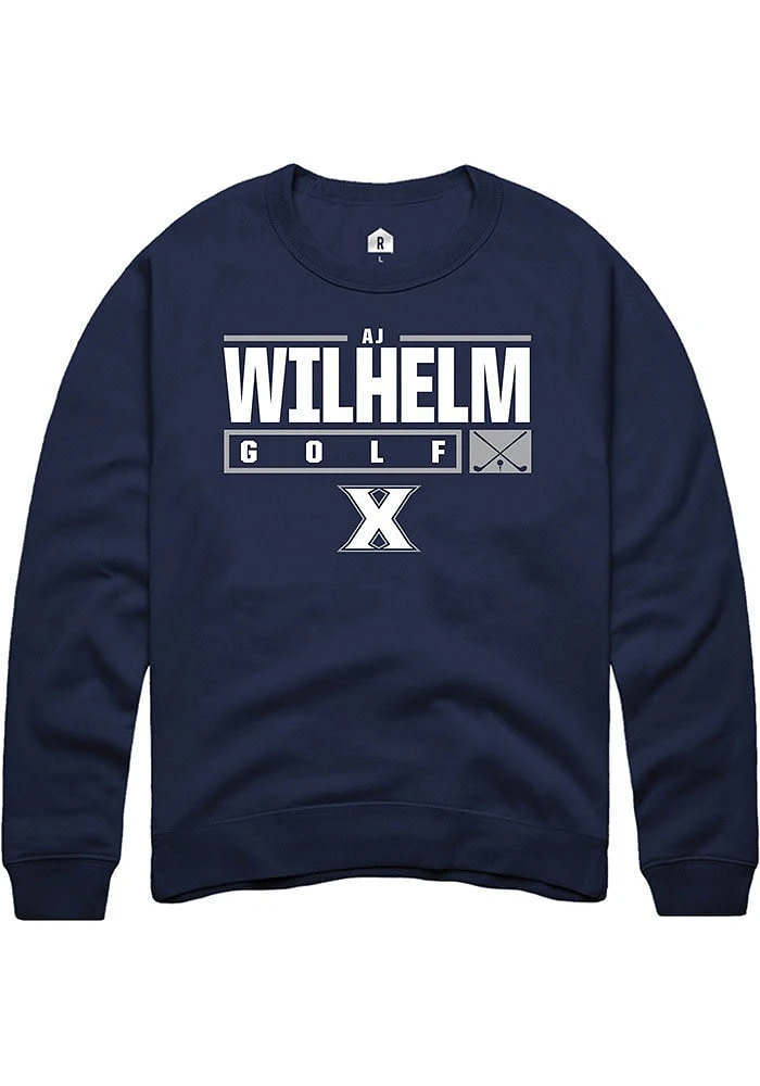 AJ Wilhelm  Rally Xavier Musketeers Mens Navy Blue NIL Stacked Box Long Sleeve Crew Sweatshirt