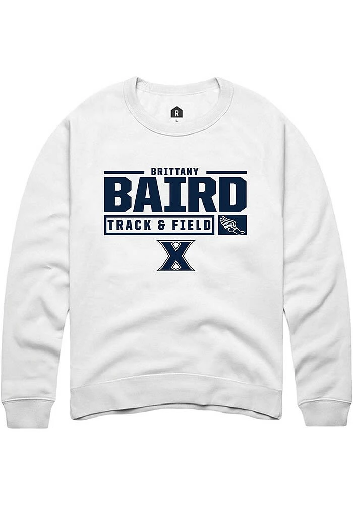 Brittany Baird  Rally Xavier Musketeers Mens White NIL Stacked Box Long Sleeve Crew Sweatshirt