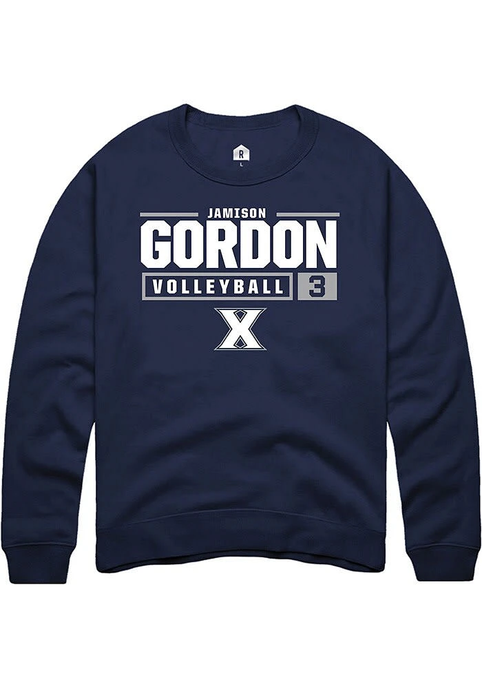 Jamison Gordon  Rally Xavier Musketeers Mens Navy Blue NIL Stacked Box Long Sleeve Crew Sweatshi..