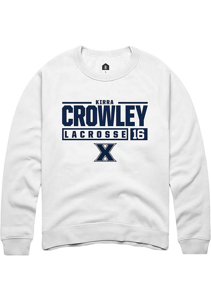 Kirra Crowley  Rally Xavier Musketeers Mens White NIL Stacked Box Long Sleeve Crew Sweatshirt