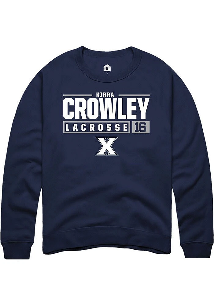 Kirra Crowley  Rally Xavier Musketeers Mens Navy Blue NIL Stacked Box Long Sleeve Crew Sweatshir..