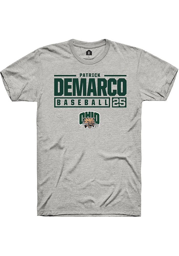 Patrick DeMarco Ohio Bobcats Ash Rally NIL Stacked Box Short Sleeve T Shirt