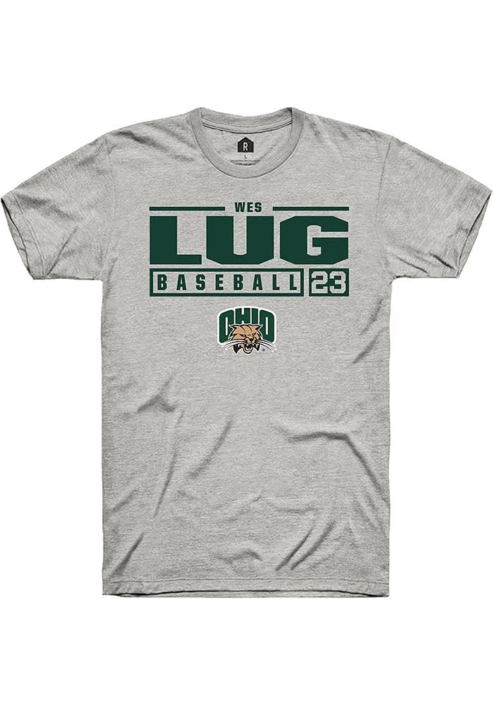 Wes Lug  Ohio Bobcats Ash Rally NIL Stacked Box Short Sleeve T Shirt