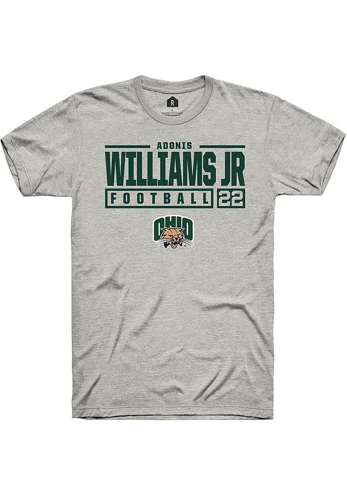 Adonis Williams Jr.  Ohio Bobcats Ash Rally NIL Stacked Box Short Sleeve T Shirt