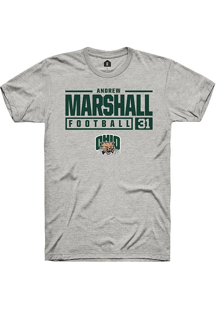 Andrew Marshall  Ohio Bobcats Ash Rally NIL Stacked Box Short Sleeve T Shirt