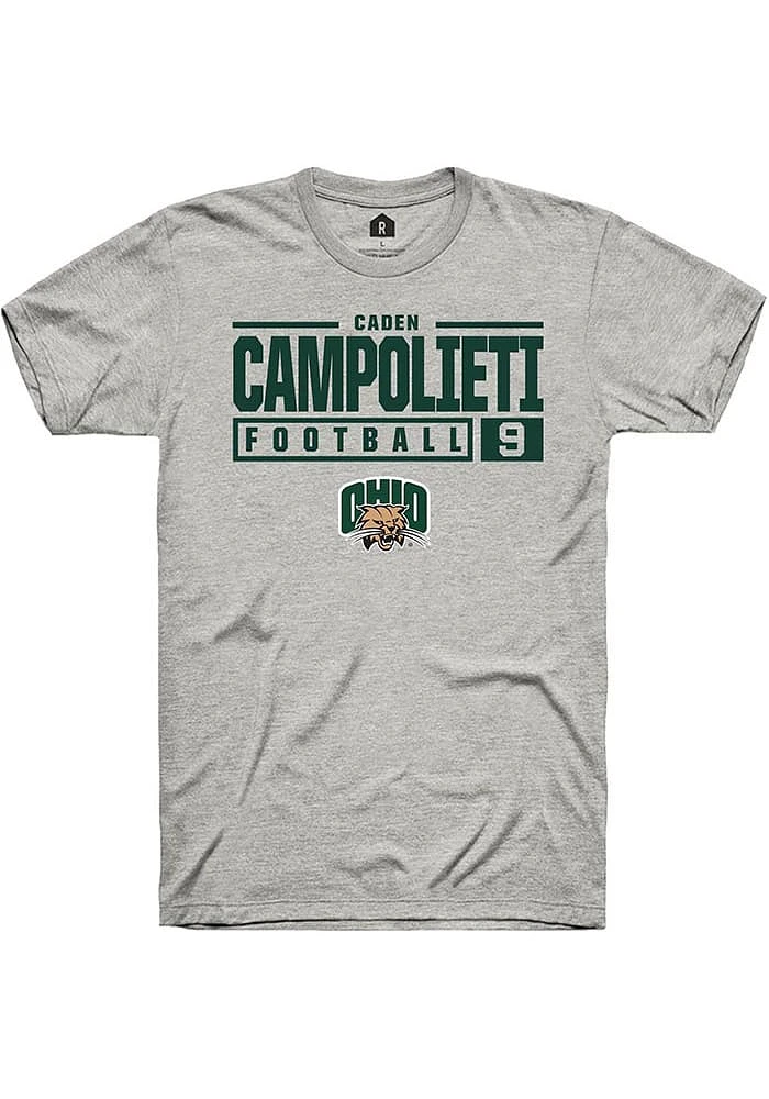 Caden Campolieti  Ohio Bobcats Ash Rally NIL Stacked Box Short Sleeve T Shirt