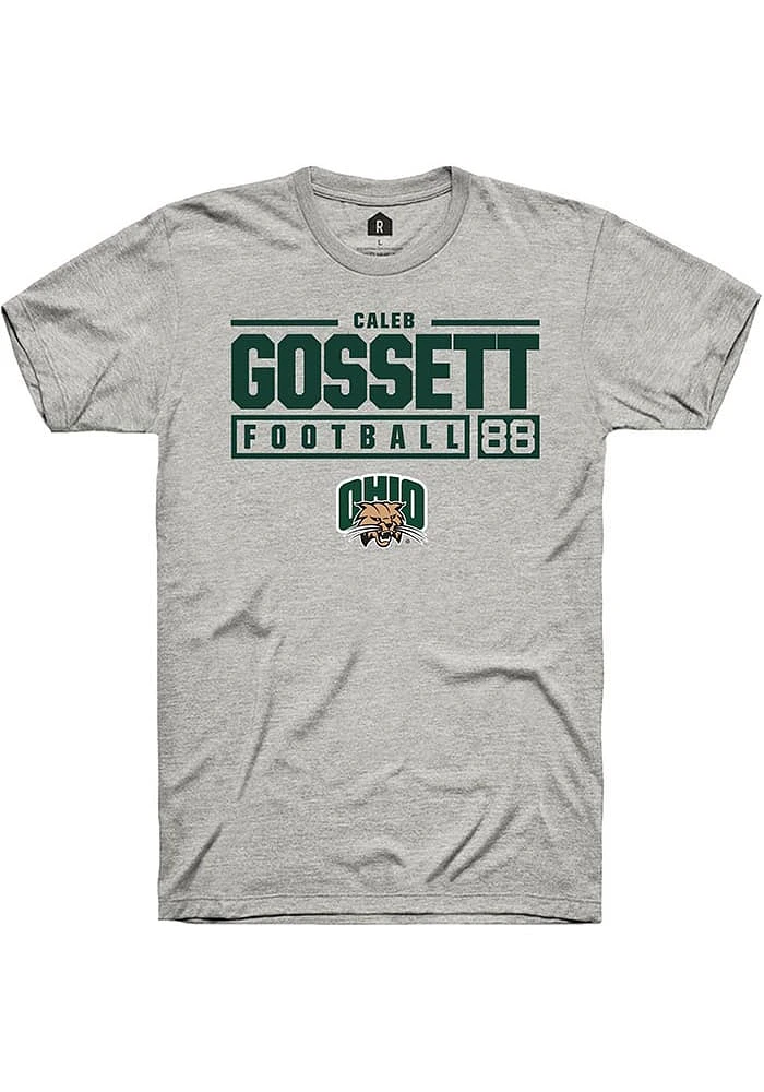 Caleb Gossett  Ohio Bobcats Ash Rally NIL Stacked Box Short Sleeve T Shirt