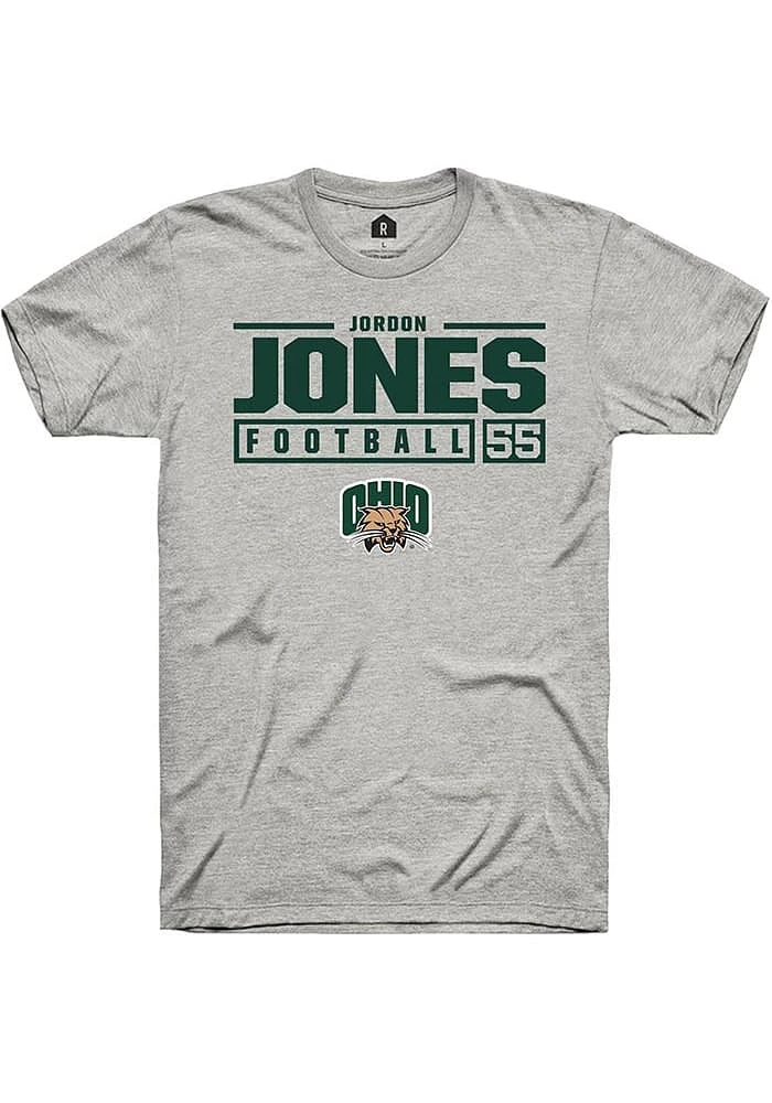 Jordon Jones  Ohio Bobcats Ash Rally NIL Stacked Box Short Sleeve T Shirt