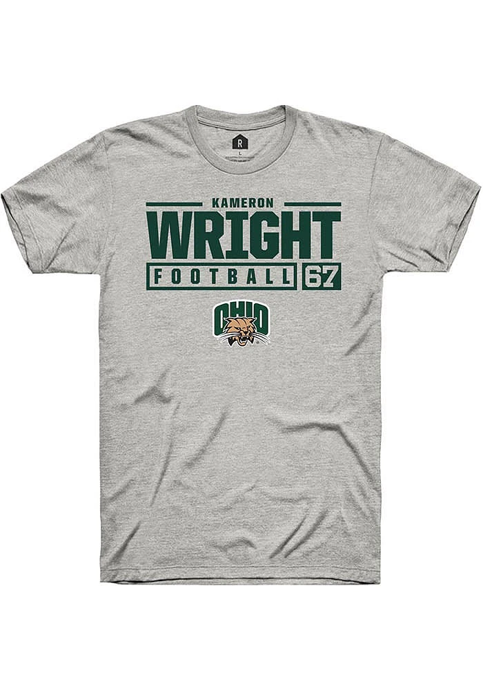 Kameron Wright  Ohio Bobcats Ash Rally NIL Stacked Box Short Sleeve T Shirt