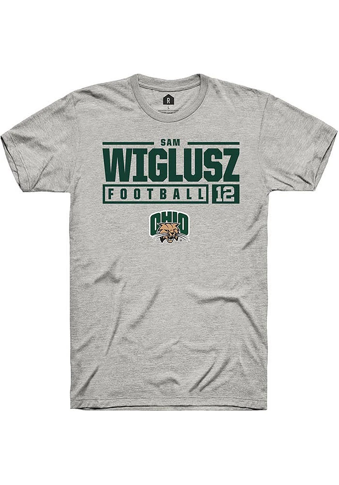 Sam Wiglusz  Ohio Bobcats Ash Rally NIL Stacked Box Short Sleeve T Shirt