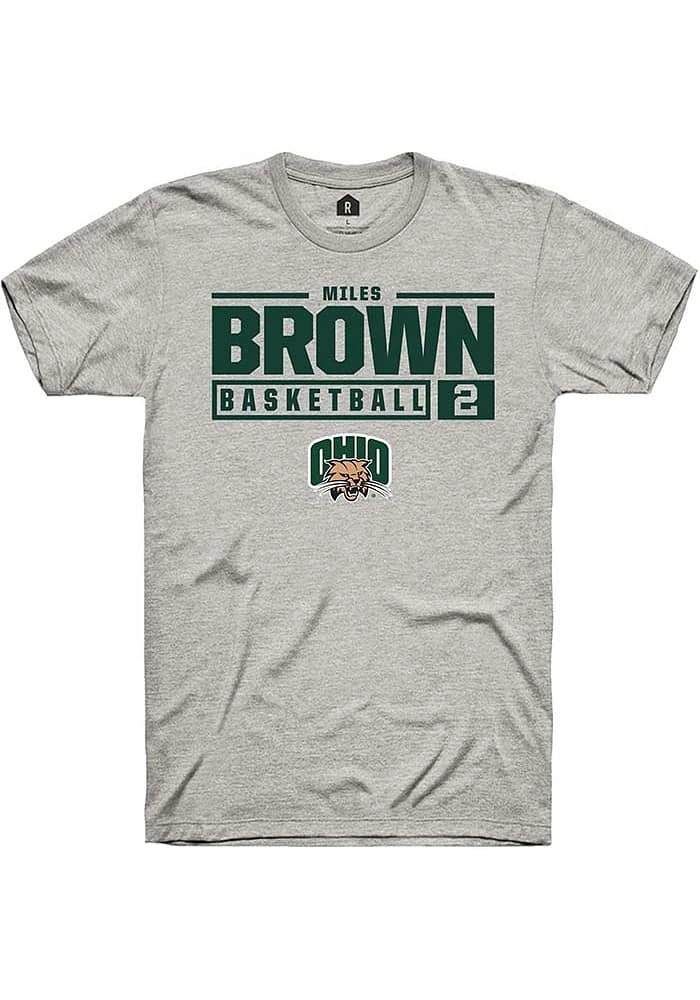 Miles Brown  Ohio Bobcats Ash Rally NIL Stacked Box Short Sleeve T Shirt