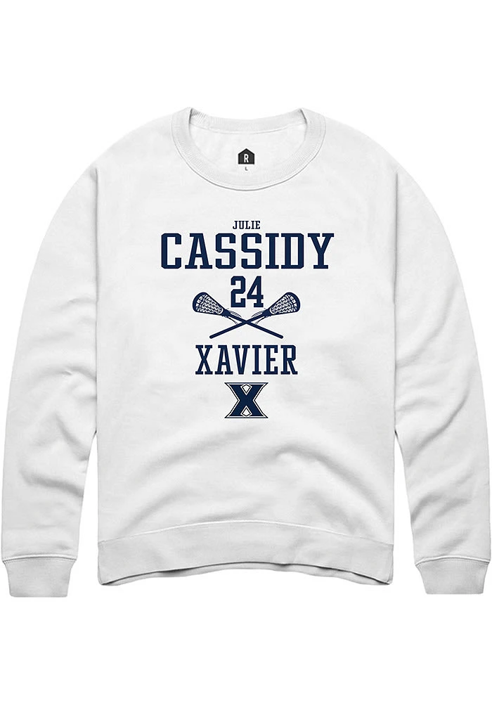 Julie Cassidy  Rally Xavier Musketeers Mens White NIL Sport Icon Long Sleeve Crew Sweatshirt