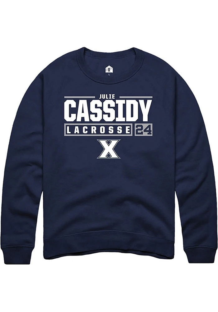 Julie Cassidy  Rally Xavier Musketeers Mens Navy Blue NIL Stacked Box Long Sleeve Crew Sweatshir..